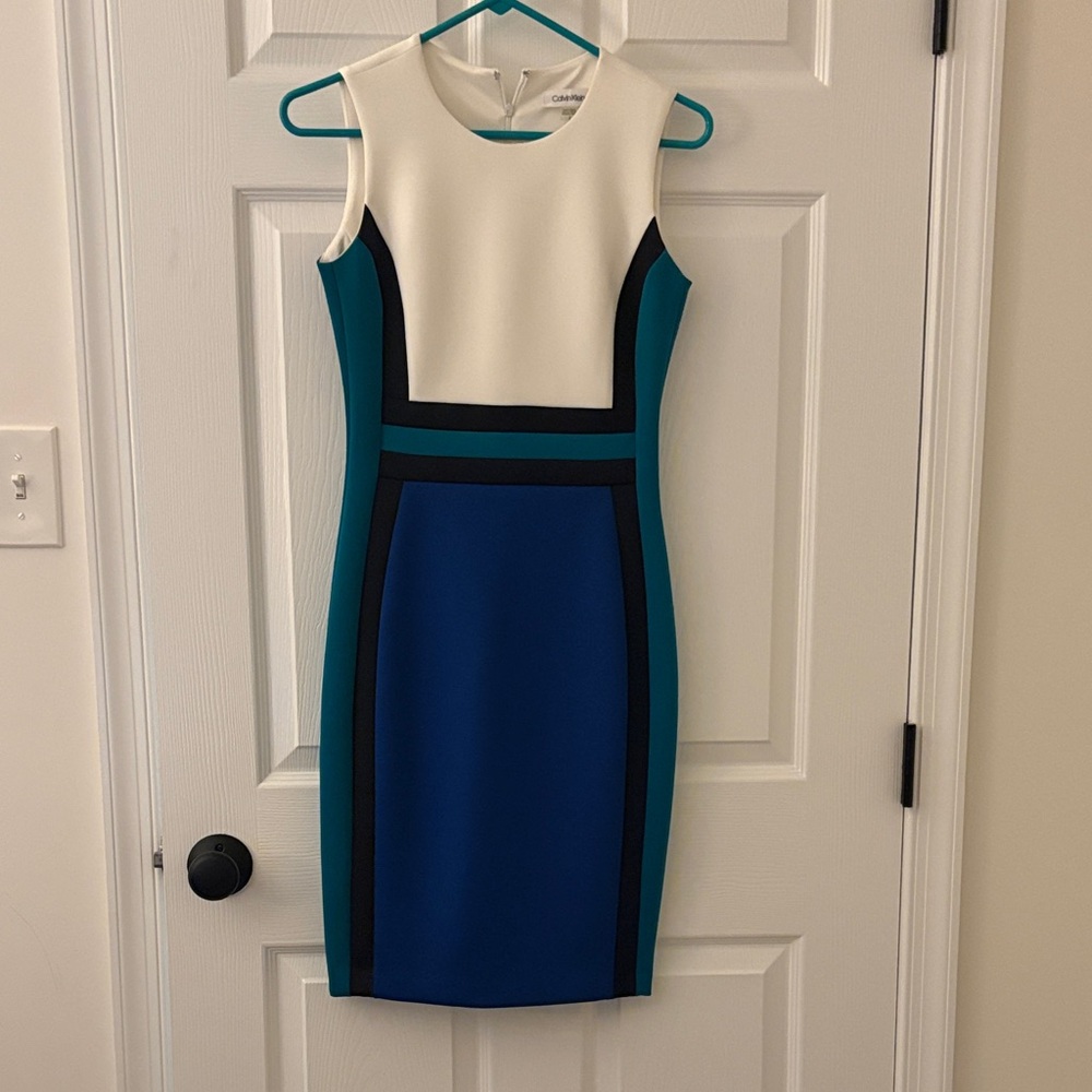 Calvin Klein Teal, Blue, and White Midi Dress